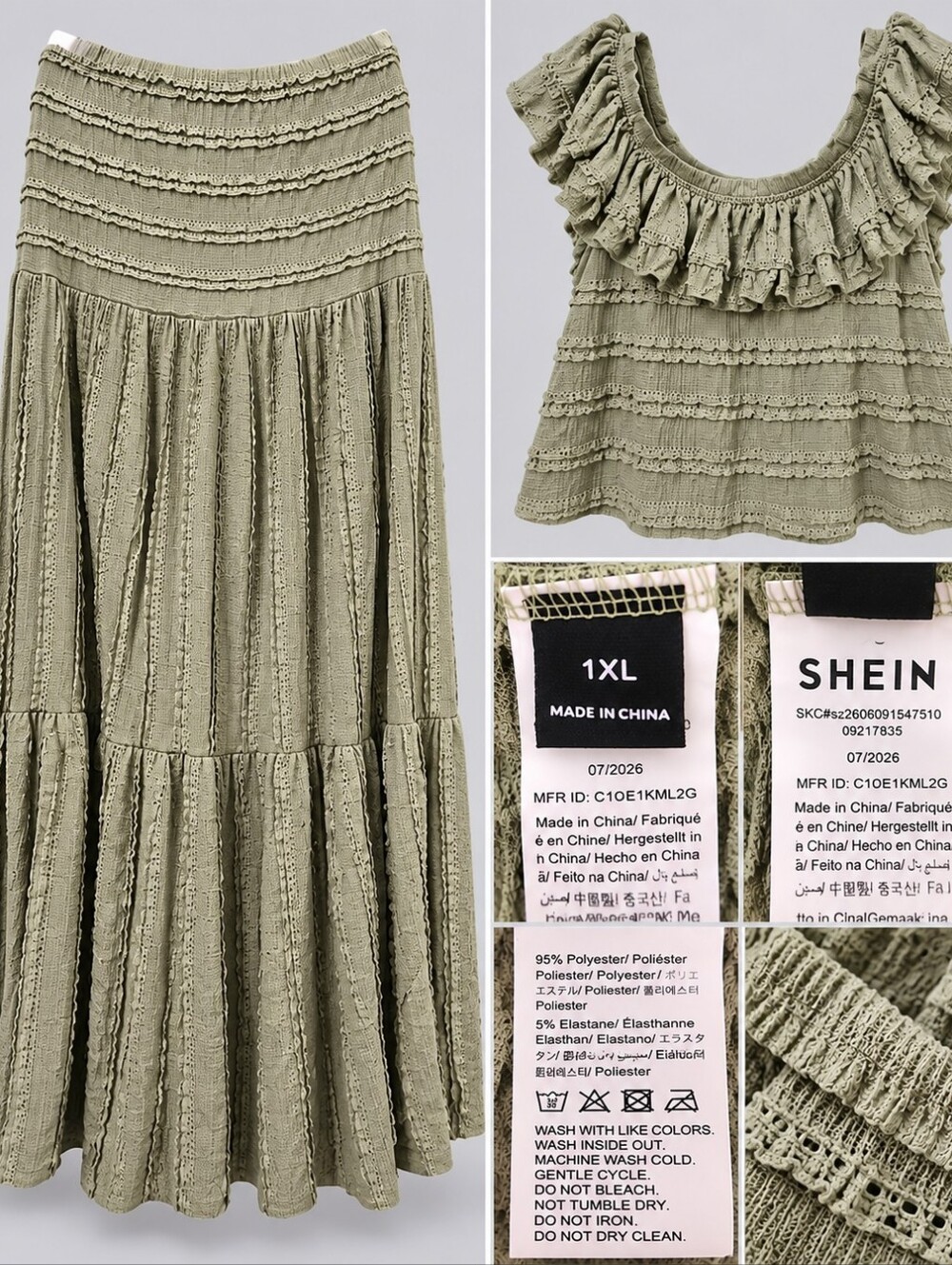 SHEIN Olive Green Tiered Ruffle Maxi Skirt and Matching Ruffle Top Set